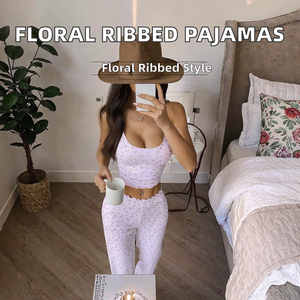 Ensemble pyjama floral pour femmes, sans manches, avec bretelles, pantalon de détente, respirant, en tricot doux, vêtements de nuit - Product Image 2