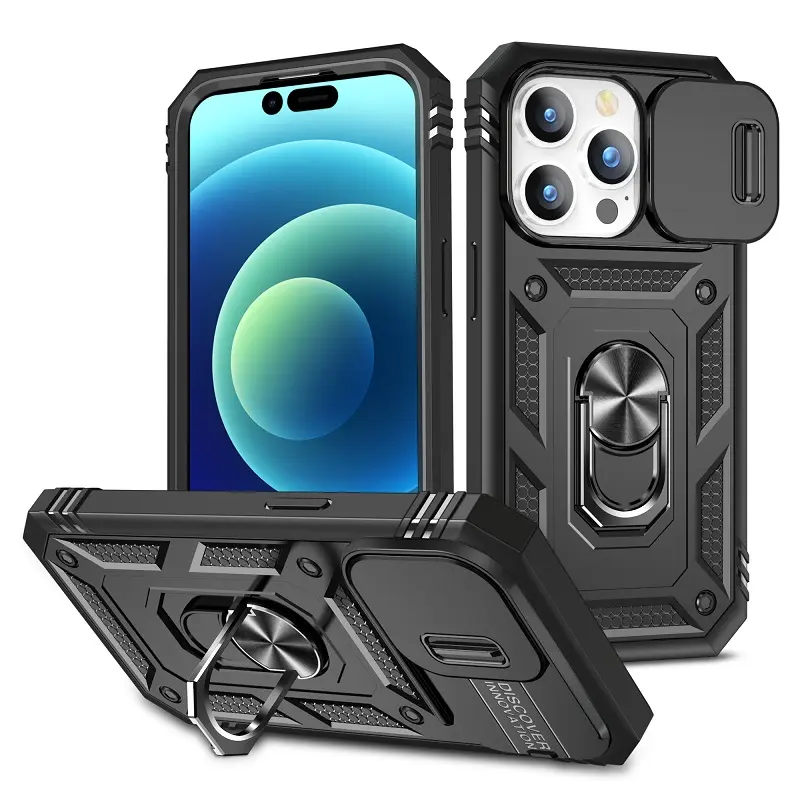 Lüks sağlam zırh itme kamera slayt telefon Iphone için kılıf 15 14 13 12 11 Pro Max darbeye vaka Iphone için Kickstand ile
