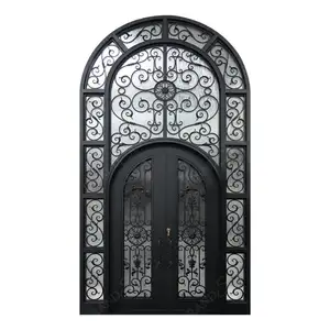 大前铁门设计玻璃主前入口双黑色钢拱形锻造门教堂铁门设计