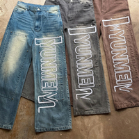 Jeans personnalisés OEM Streetwear avec logo lettres imprimées en relief, délavés à l'acide, vintage, coupe ample, en denim épais pour hommes
