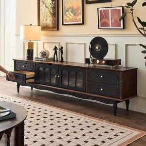 Meuble TV de luxe en bois de chêne de style Mid-Century Modern, ensemble table TV et table basse pour salon - Product Image 2