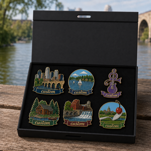 Lot de badges émaillés personnalisés de Minneapolis <span class=keywords><strong>en</strong></span> gros, avec boîte <span class=keywords><strong>cadeau</strong></span>, thèmes Cabane au bord du lac, <span class=keywords><strong>Prince</strong></span>, Musique, Voyage, Souvenir, Culture de la ville de Minneapolis - Product Image 1