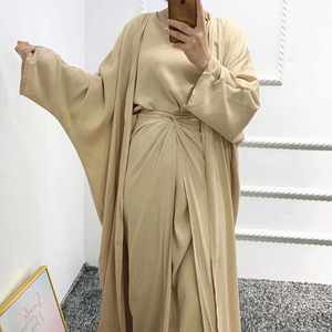 2026 Abaya Wanita Muslim Berkualitas Tinggi 3Pcs Set Gaun Warna Solid Kimono Cardigan Terbuka Pakaian Islami - Product Image 5