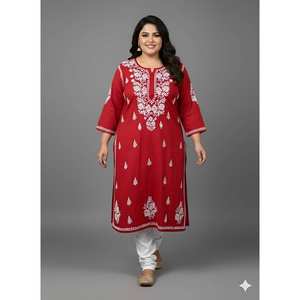 Kurti de algodón puro con bordado chikankari hecho a mano para verano, talla grande, fabricante mayorista de kurtis con bordado chikankari indio - Product Image 1