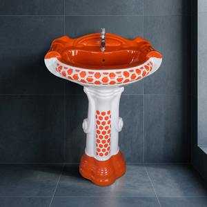 Big Sterling Porcelain Pedestal Wash Basin Set Lavabo Sink Stand Wooden <b>Rustic</b> Color Designer Sanitary Ware - Product Image 4