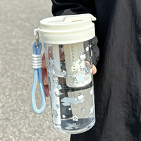 Bouteille d'eau 500 ml avec motif chat mignon, double ouverture, portable, avec paille et cordon, idéale pour étudiants et activités de plein air