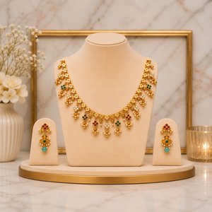 Conjunto Clásico de Collar y Aretes de Oro de 24K con Incrustaciones de Perlas y Piedras Preciosas para Mujer, Joyería de Boda - Product Image 6