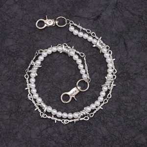 โซ่คาดเอวมุกสองชั้นแบบมีหนามแหลม สีเงิน มุกเทียม แฟชั่นสำหรับผู้หญิงและผู้ชาย เครื่องประดับสำหรับใส่ทุกวัน - Product Image 3