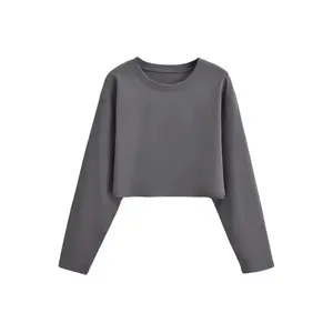 Phụ Nữ Quá Khổ Bông Crop Top Phụ Nữ Dài Tay Áo Drop Shoulder Bán Buôn Crop Top T Áo Sơ Mi Mỏng Phù Hợp Với Đồng Bằng Cắt Áo Phông