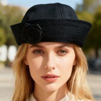 Chapeau de marin noir à dessus plat en gros avec fleur 3D et logo personnalisé, style gothique vintage pour fête d'Halloween