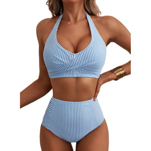 Nouveau Maillot de Bain Deux Pièces Femme 2026 à Taille Haute, Col Halter et Sac de Rangement Intégré, Motif Rayé - Product Image 2