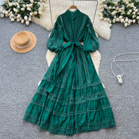 Robes pour femmes, robe en dentelle vintage, robe à manches lanternes creuses, robe à nouer à la taille, robe boutonnée, robe élégante pour femmes