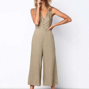 Combinaison sexy pour <span class=keywords><strong>femme</strong></span>, combishort tendance avec poches, col en V, boutons, couleur unie, vêtements pour femmes - Product Image 2