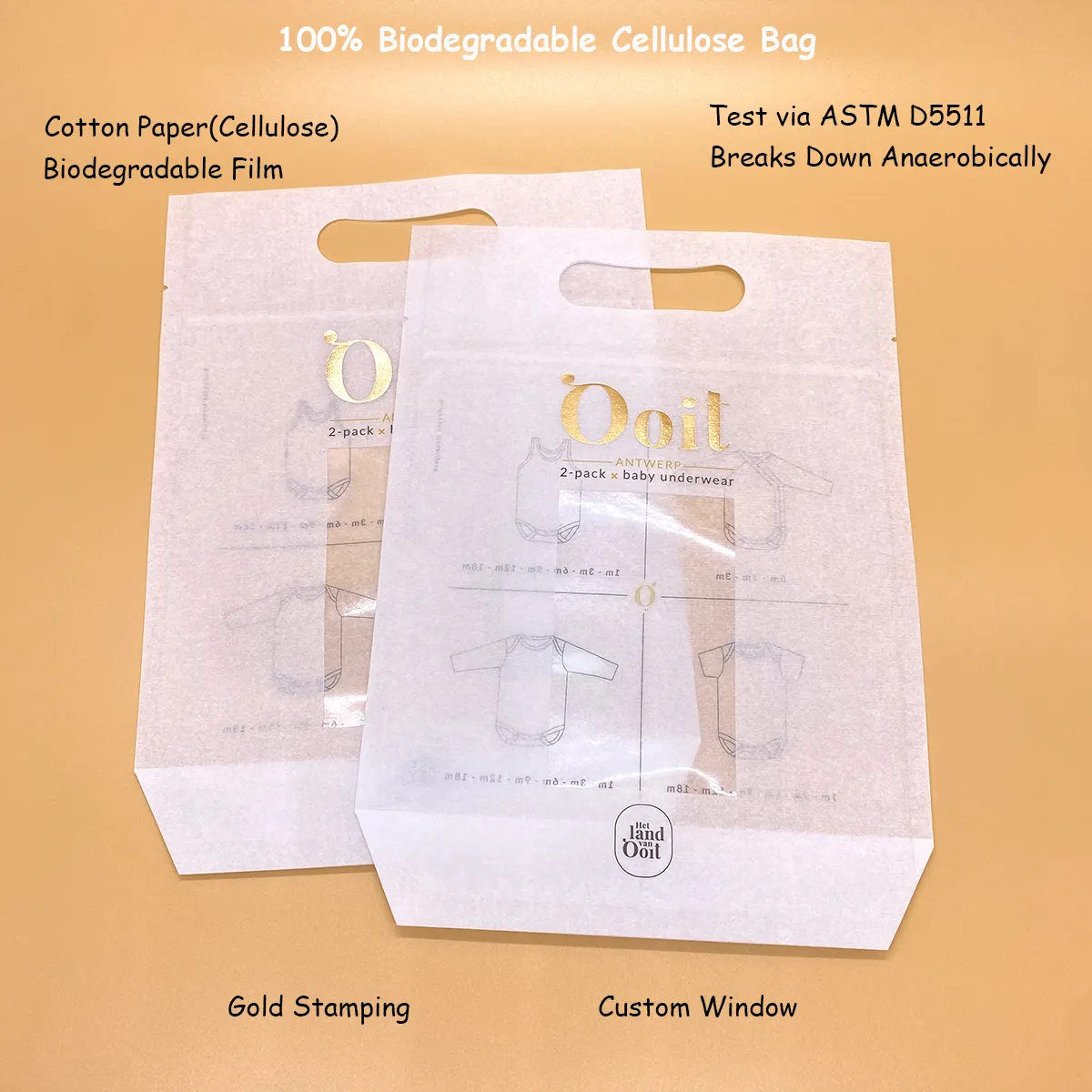 Eco friendly cellulose cotton paper clothing zipper bag custom biodegradable apparel T shirt packaging