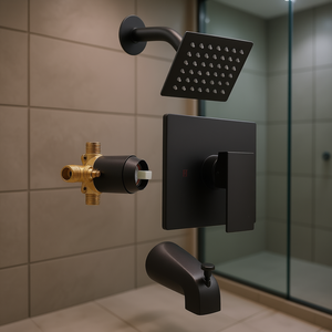 Ensemble de douche à effet pluie à jet unique noir mat en acier inoxydable, design carré, kit de garniture pour baignoire - Product Image 2