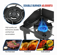 Réchaud à gaz portable à double brûleur pour l'extérieur avec pare-vent et pieds pliables pour le camping, le barbecue, la brasserie artisanale et la terrasse