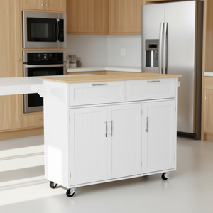 D0100XFFKAT เกาะครัวเคลื่อนที่สีขาว ท็อปไม้ยางพารา 2 ลิ้นชัก ดีไซน์ทันสมัย สำหรับจัดเก็บและจัดระเบียบในครัว - Product Image 2