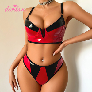 Ensemble de lingerie sexy pour femmes Dierlove, soutien-gorge <span class=keywords><strong>en</strong></span> <span class=keywords><strong>cuir</strong></span> verni PVC rouge et noir, culotte taille haute, 2 pièces - Product Image 3