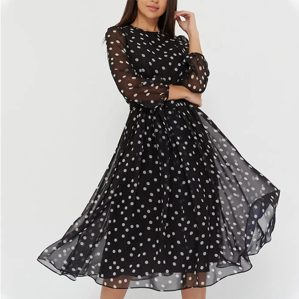 China Manufacturer women polka dot dresses casual chiffon long sleeve dress dot chiffon black midi dresses