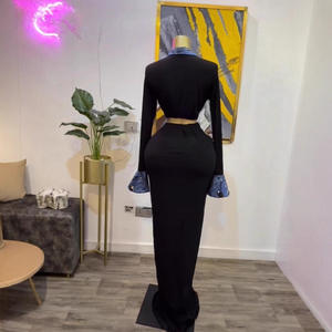 Spot 2025 Autumn Snow-Like Denim Printed Pleated Sweet Style Women's Long Sleeve Lapel Tight-Fit High Waist Anti-Static <strong>Dress</strong> - Product Image 4