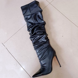 Snakeskin Shoes Women <b>Boots</b> Stiletto Heel Black Knee High <b>Boots</b> Casual Style Lady's Sexy High Heel <b>Boots</b> Pleated Shaft Size 43 - Product Image 5