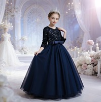 Gaun Pesta Anak Perempuan Model Bling-Bling Berhias Bunga Mawar dan Payet, Lengan Panjang, Bahan Jaring Lembut, Kerah V, Gaya Putri