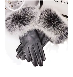 Leather gloves ladies touch screen winter fox fur padded cycling gloves