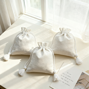 Pochette à bijoux de luxe personnalisée avec logo imprimé, petite pochette à cordon en coton et lin, sac anti-poussière avec pompon, personnalisable - Product Image 3