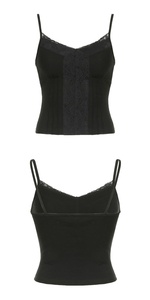 Sexy Deep <b>V</b> <b>Neck</b> Knitted Lace Trim <b>Cami</b> <b>Top</b>-Solid Color Sweet Bustier Lace up Side Slit Tank for Women - Product Image 5