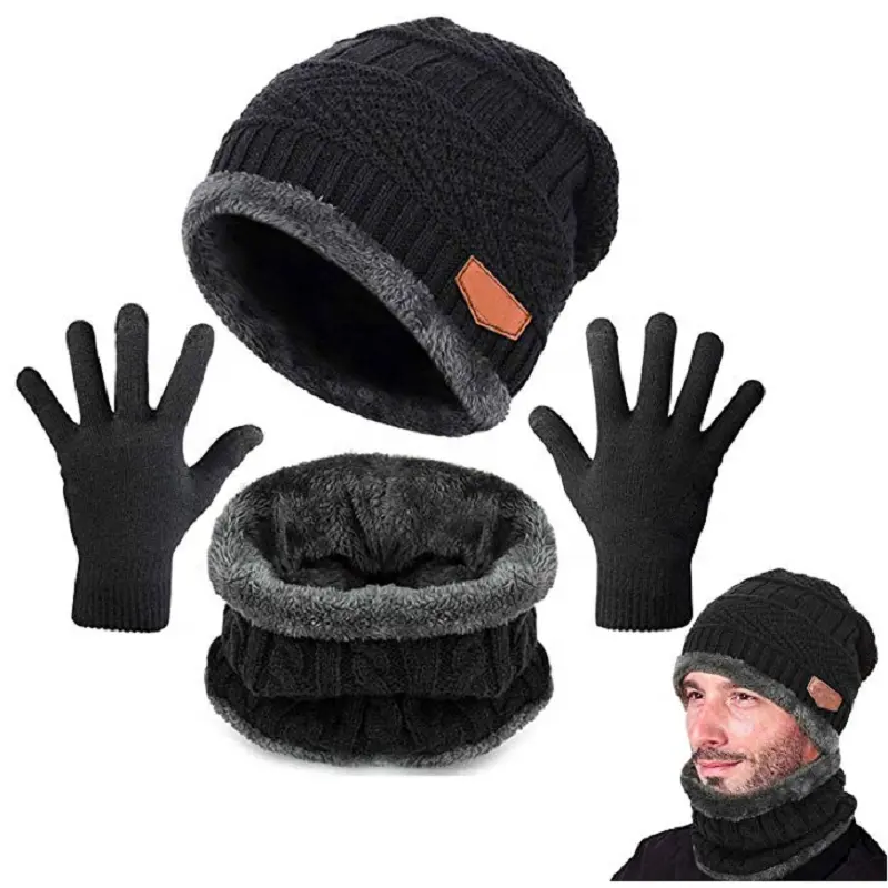 Вязаная теплая Лыжная зимняя шапка унисекс с напуском для уличного спорта акриловая шапка с сенсорным экраном шарф шапка перчатки наборы