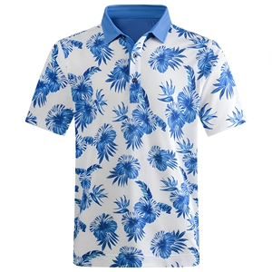Polo à manches courtes pour homme, imprimé palmiers blancs et bleus, décontracté, respirant, 100% polyester tissé, imprimé numérique, coupe classique - Product Image 3