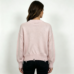 Pull rose à col rond et manches longues en tricot, ourlet déchiré, style décontracté - Product Image 3