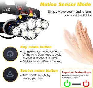 Fábrica al por mayor más <span class=keywords><strong>potente</strong></span> 8 LED <span class=keywords><strong>linterna</strong></span> frontal, impermeable alto lumen USB recargable faro - Product Image 4
