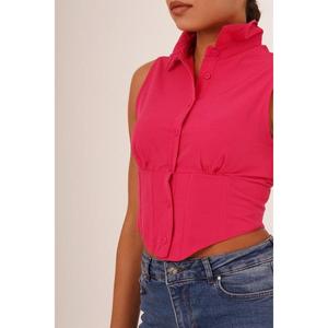 Blusa Lustrin para Mujer, Color Fucsia, Manga Corta, con Detalle de Corsé - Elegante Blusa al por Mayor para Boutiques de Moda - Product Image 1