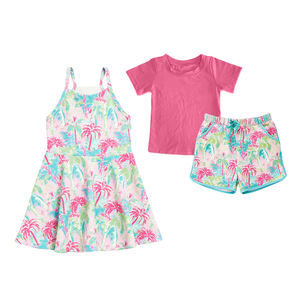 Tenues pour enfants personnalisées, style boutique décontracté, thème Plage et Récif de coco, nouveaux designs, respirantes, en coton et élasthanne, comprenant shorts et robes, pour printemps et automne - Product Image 1
