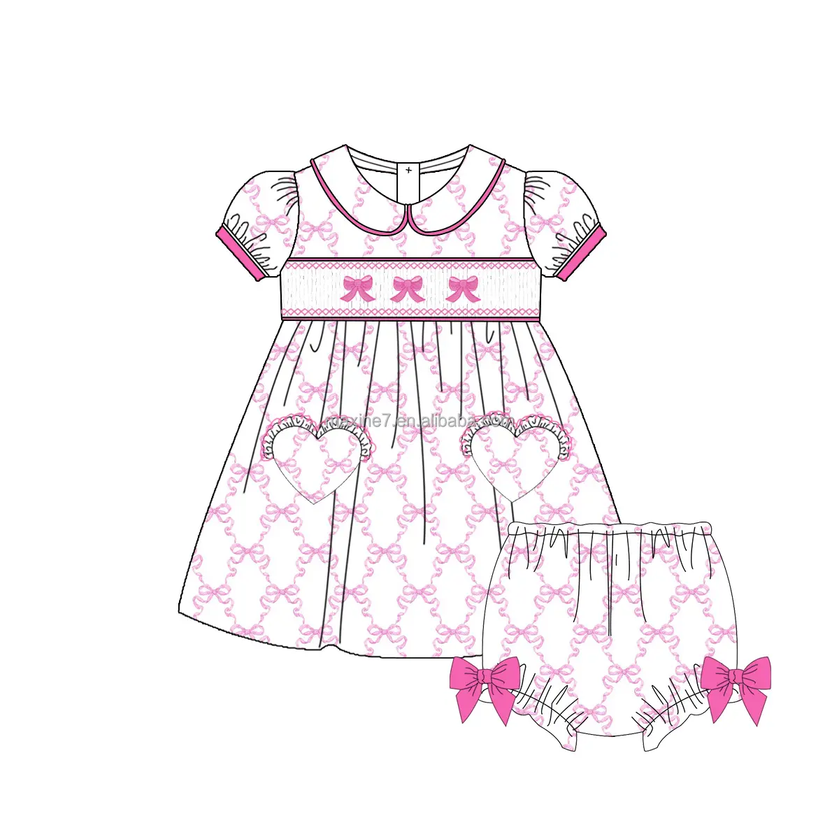 Alta calidad smocked niños ropa arco impreso bordado personalizado boutique niños conjuntos moda corazón bolsillo niña conjuntos