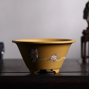 กระถางบอนไซดินเผาสีม่วงวาดลายดอกโบตั๋น งานศิลปะสไตล์จีน ของสะสม - Product Image 3
