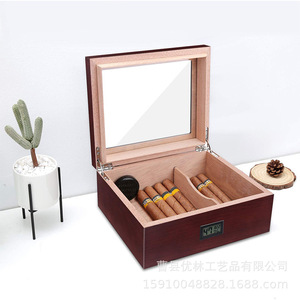 Humidor de madera maciza para puros con tapa de cristal e higrómetro digital, caja de almacenamiento rectangular de cedro, superficie lacada a prueba de humedad - Product Image 2