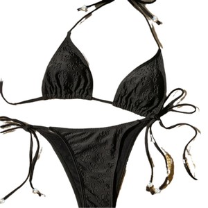 Bikini con cuello halter estilo europeo y americano con tela especial, traje de baño sexy, conjunto de dos piezas para mujer con lazo en color liso - Product Image 5