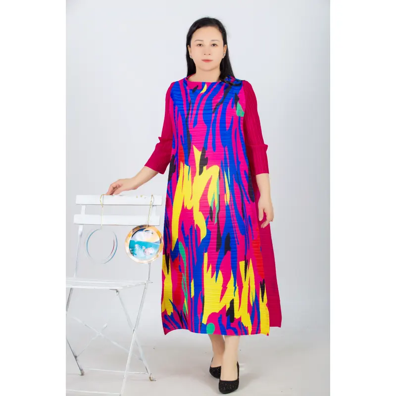 Tianbao direct autumn new geometric print irregular round neck loose sleeves large size dress women stock delivery African Musl