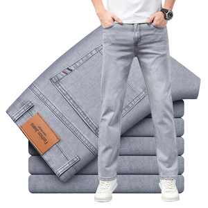 Pantaloni estivi dritti da <span class=keywords><strong>uomo</strong></span> comodi alla moda <span class=keywords><strong>Jeans</strong></span> grigi in cotone elastico in tinta unita Denim di media qualità - Product Image 1