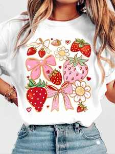 Glissea Women's Summer T-Shirt Round Neck <b>Pink</b> <b>Bow</b> Strawberry Print 100% Cotton Cute Style Regular Fit - Product Image 1