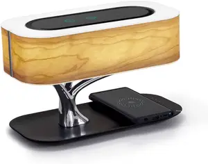 2022 Latest Gadget Tree of Light Wooden Desk Lamp New Technology 10W Fast Wireless Charger with Blue tooth Speaker Table Lamp