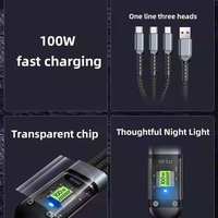 Kabel Data 3 in 1 100W USB Type-C Micro Pengisian Cepat Kabel Terjalin Dengan Lampu
