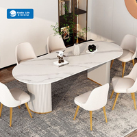 Ensemble Table à Manger Ovale pour 6 Chaises, Pieds en Métal Doré Moderne, Dessus en Pierre Frittée Imperméable et Écologique, pour Hôtel et Villa (Assemblé)
