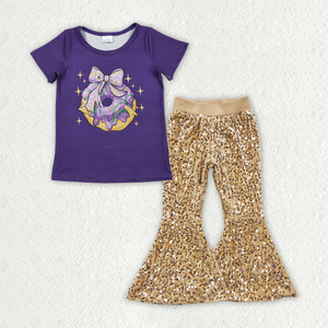 GSPO2160 RTS Ensemble pour fille, imprimé petite fille active, nœuds violets, imprimé beignets, pantalon à paillettes assorti, vente en gros pour enfants, ensemble fille enfant - Product Image 2
