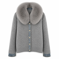 Pull en tricot pour femme avec col en fourrure de renard véritable, manteau court d'hiver et d'automne, veste en tricot décontractée et chaude avec fermeture éclair
