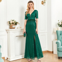 Robe de soirée verte à sequins en gros, col en V, manches mi-longues, garniture en plumes, fente, longueur ras du sol, robe de soirée formelle pour femme