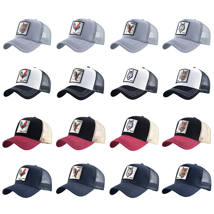 Gorra de camionero de 5 paneles de malla deportiva con bordado personalizado de animales OEM