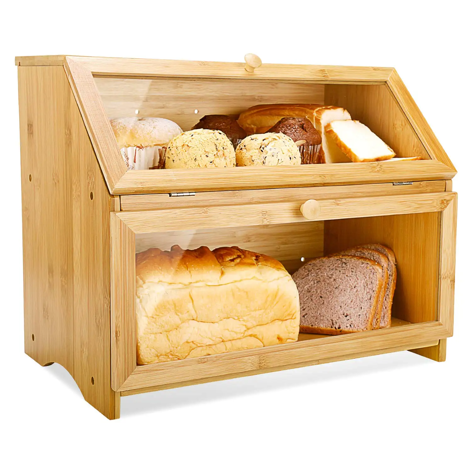 Double Layer Bread Storage with Clear Window Bamboo Bread Bin for Kitchen Prevent Bacterial Growth Large Capacity Easy to Clean